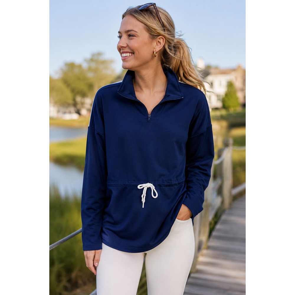 Tuckernuck Sport Sweatshirt Womens Large Blue 1/4 Zip Mock Neck Cinch Waist